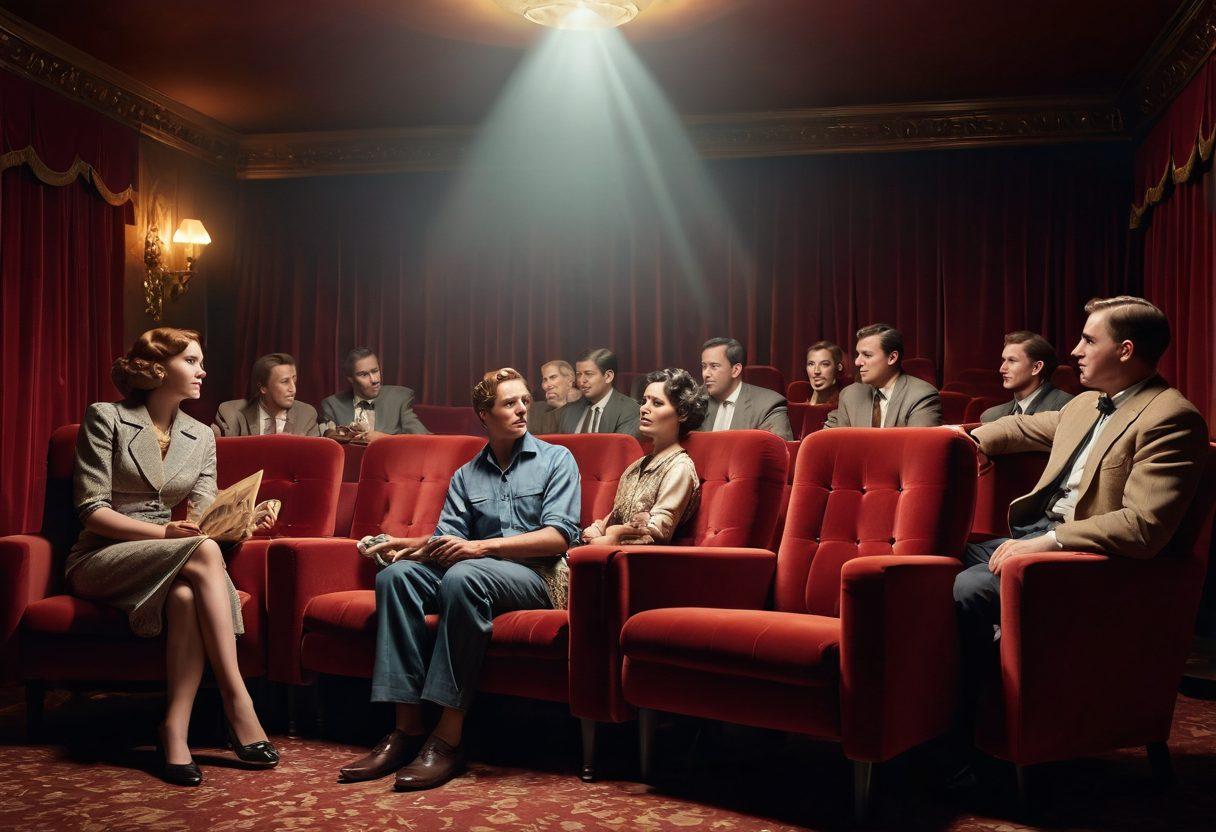 A thought-provoking scene depicting a vintage cinema setting, with plush velvet seats and an ornate projector casting light onto a classic film reel. In the foreground, a group of diverse individuals engaged in animated conversation, reflecting various emotions related to mature cinema themes. The background features subtle hints of iconic movie posters reflecting classic films. The overall ambiance is warm and inviting, encouraging intellectual engagement. super-realistic. warm colors. vintage style.