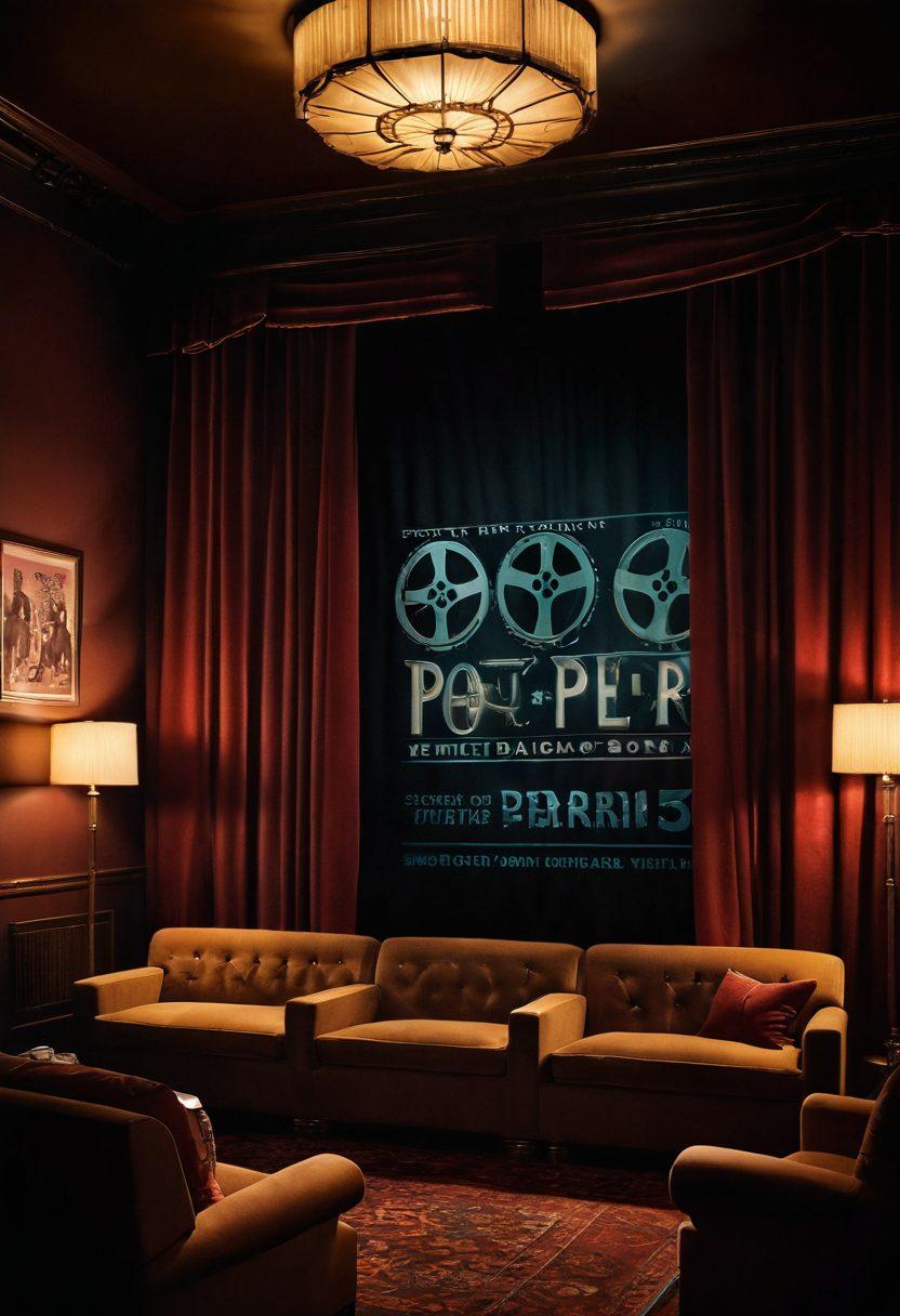 A dramatic theater scene illuminated with soft, moody lighting, featuring silhouettes of engaged filmgoers peering at a classic film reel. The backdrop includes vintage film posters with tantalizing hints of adult cinema aesthetics and a popping color palette. Incorporate elements like popcorn, drinks, and velvet curtains to evoke a cozy, yet sophisticated atmosphere. 3D, cinematic, vibrant colors.